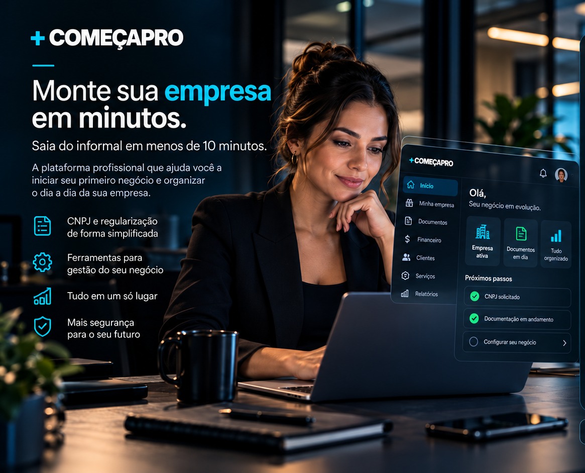 Empreendedora usando o ComeçaPRO em um ambiente profissional
